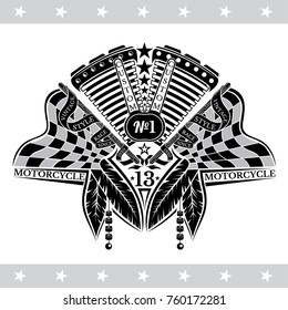 Motorcycle motor between crossed raced flags and indian feather. Vintage motorcycle design on white