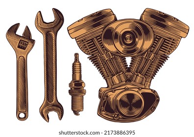 Motorcycle motor, spark plug, wrenches. Design set. Editable hand drawn illustration. Vector vintage engraving. 8 EPS