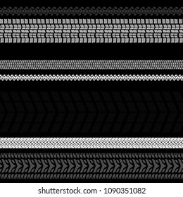 Motorcycle and motor tire tracks seamless pattern. Seamless automotive addon useful for poster, print, flyer, book, brochure and leaflet design. Editable vector illustration in monochrome colors.