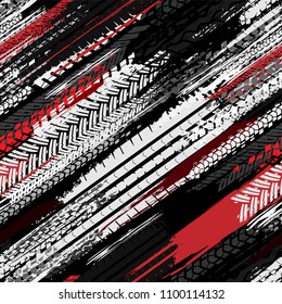 Motorcycle and motor tire tracks seamless pattern. Grunge automotive addon useful for poster, print, flyer, brochure and leaflet background design. Editable vector illustration in monochrome colors.