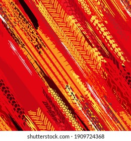 Motorcycle and motor tire tracks seamless pattern. Grunge automotive addon useful for poster, print, flyer, brochure and leaflet background design. Editable vector illustration in red, yellow color