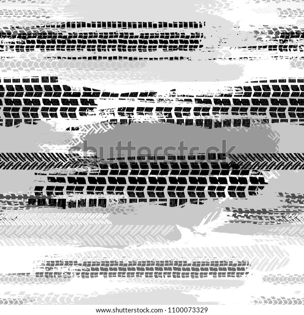 Motorcycle and motor tire tracks seamless\
pattern. Grunge automotive addon useful for poster, print, flyer,\
brochure and leaflet background design. Editable vector\
illustration in monochrome\
colors.