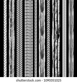 Motorcycle and motor tire tracks vector illustration. Seamless automotive brushes useful for poster, print, flyer, book, booklet, brochure and leaflet design. Editable graphic image in white color.
