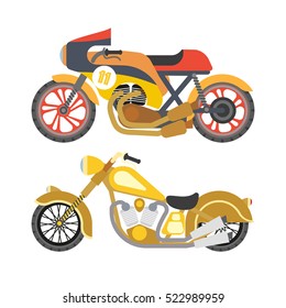 Motorcycle motorbike flat vector icons set. Speed motorcycle collection. Vector Illustration. Isolated on white.
