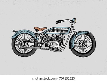 motorcycle or motorbike illustration. engraved hand drawn in old sketch style, vintage transport.