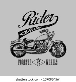 motorcycle or motorbike illustration. logo emblem or label, engraved hand drawn in old sketch and vintage transport. Print on T-shirts. - Vector