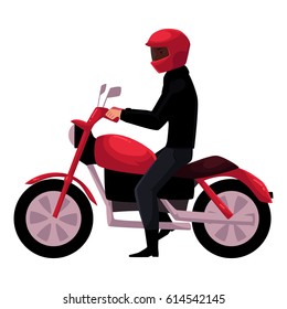 Motorcycle, motorbike rider wearing helmet, side vew, urban motor transport concept, cartoon vector illustration isolated on white background. Man riding motorcycle, biker, motorcyclist wearing helmet