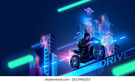 Motorcycle or motorbike rides on the night city of future. Hooded motorcyclist races along futuristic city at night in neon lights. Sci-fi illustration of motorbike in futuristic cyberpunk skyscrapers