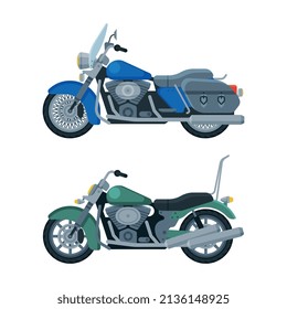 Motorcycle or Motorbike Type as Two-wheeled Motor Vehicle Side View Vector Set