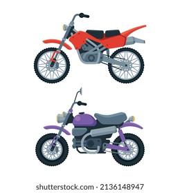 Motorcycle or Motorbike Type as Two-wheeled Motor Vehicle Side View Vector Set