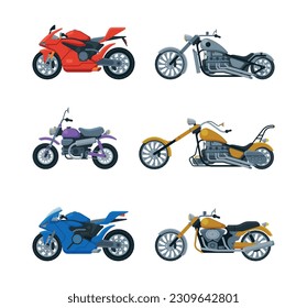 Motorcycle or Motorbike Type as Two-wheeled Motor Vehicle Side View Vector Set