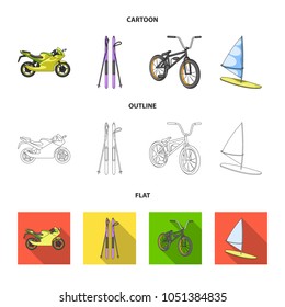 Motorcycle, mountain skiing, biking, surfing with a sail.Extreme sport set collection icons in cartoon,outline,flat style vector symbol stock illustration web.