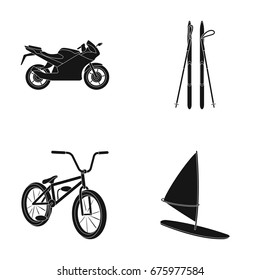 Motorcycle, mountain skiing, biking, surfing with a sail.Extreme sport set collection icons in black style vector symbol stock illustration web.