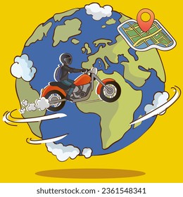 Motocicleta al fondo del mapa mundial. Ilustración vectorial.vector de personas que viajan por el mundo en motocicleta