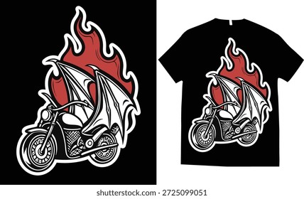 Motorcycle on fire with devil demon wings tshirt design