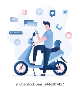 Motorcycle on parking. The driver man surfs internet, social media. Male character sits on bike and uses smartphone. Stop for socializing, entertainment and content viewing. Flat vector illustration