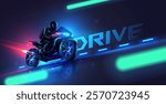 Motorcycle on road with headlight racing at full speed. Biker rider in leather on black racing sports motorbike. Racing sports bike is racing at full speed. Motorcycle with neon lights in night city.