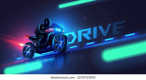 Motorcycle on road with headlight racing at full speed. Biker rider in leather on black racing sports motorbike. Racing sports bike is racing at full speed. Motorcycle with neon lights in night city.