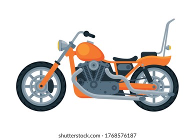 Motorcycle, Orange Motor Bike Vehicle, Side View Flat Vector Illustration