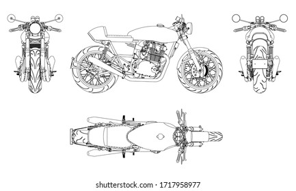 Ilustración vectorial de contorno de motocicleta para libro de coloreado. Ver delante, atrás, lado, arriba.