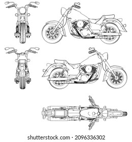 Ilustración vectorial de contorno de motocicleta. Vector de plantilla de motocicleta aislado en blanco.