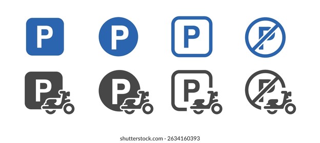 Motorcycle parking icon sign set.