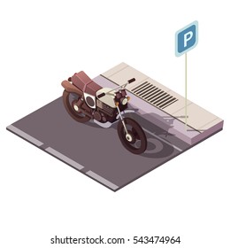 Motorcycle Parking Isometric Concept With City Traffic Symbols Vector Illustration 