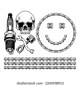 calavera de la cadena de enchufe de la motocicleta y pistón