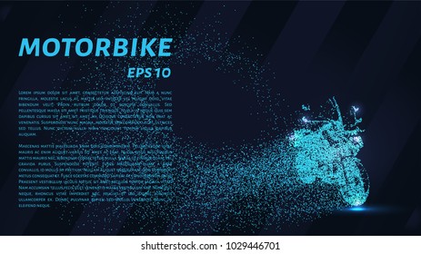 Motorcycle from of particles. The bike consists of dots and circles. Blue motorcycle on a dark background