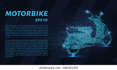 Motorcycle from of particles. The bike consists of dots and circles. Blue motorcycle on a dark background