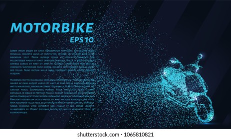 Motorcycle from of particles. The bike consists of dots and circles. Blue motorcycle on a dark background