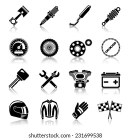 Motorcycle parts black icon set with helmet spanner tires isolated vector illustration