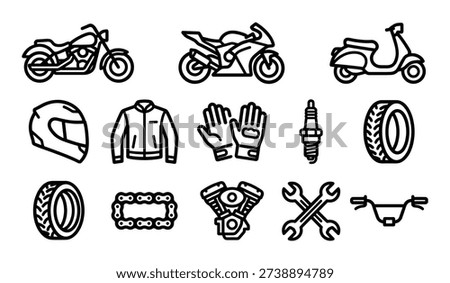 Motorcycle parts design elements including helmet, jacket, gloves, spark plug, wrench, chain, tire and engine in outline design.