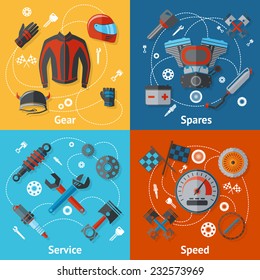 Motorcycle Parts Flat Icon Set With Gear Spares Service Speed Isolated Vector Illustration