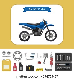 Motorcycle with parts in flat style. Vector simple illustration of motocross bike with moto parts and tools icons.