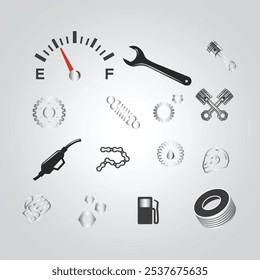 Motorcycle parts icons, helmet, gloves, jacket, speed meter, Gear, motorcycle parts, bike logo with a silver background