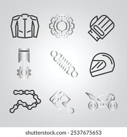 Motorcycle parts icons, helmet, gloves, jacket, Gear, motorcycle parts, bike logo with a silver background