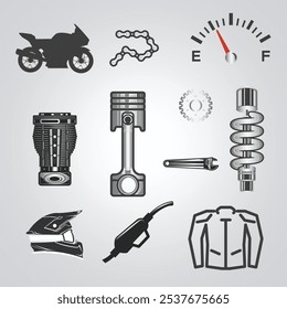 Motorcycle parts icons, helmet, gloves, jacket, petrol pump, Gear, motorcycle parts, bike logo with a silver background