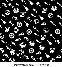 Motorcycle parts icons in single color. Seamless pattern. Background vector illustration.