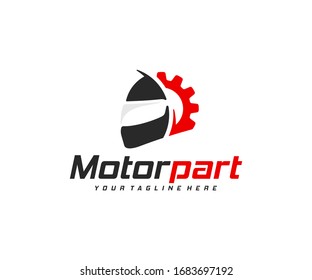 Motorcycle Parts Logo Design. Motorbike Repair Vector Design. Motorcycle Helmet And Gear Wheel Logotype