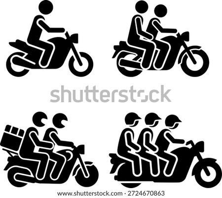 Motorcycle Passenger and Ride Sharing Stick Figure Pictogram Set