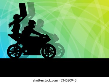 Motorcycle performance extreme stunt driver man and woman vector background concept