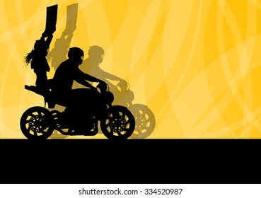 Motorcycle performance extreme stunt driver man and woman vector background concept