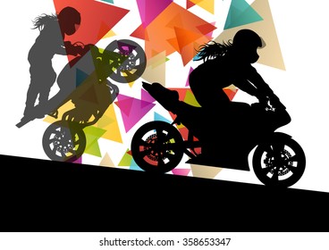 Motorcycle performance extreme stunt driver man and woman in abstract sport landscape background illustration vector