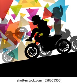 Motorcycle performance extreme stunt driver man and woman in abstract sport landscape background illustration vector