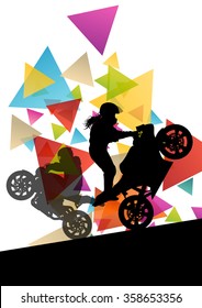 Motorcycle performance extreme stunt driver man and woman in abstract sport landscape background illustration vector