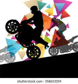 Motorcycle performance extreme stunt driver man and woman in abstract sport landscape background illustration vector