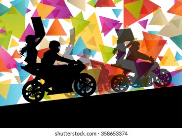 Motorcycle performance extreme stunt driver man and woman in abstract sport landscape background illustration vector