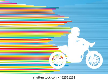 Motorcycle performance extreme stunt driver man sport bike vector abstract blue background illustration with colorful stripes