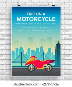 Motorcycle picture on road icon poster on brick wall